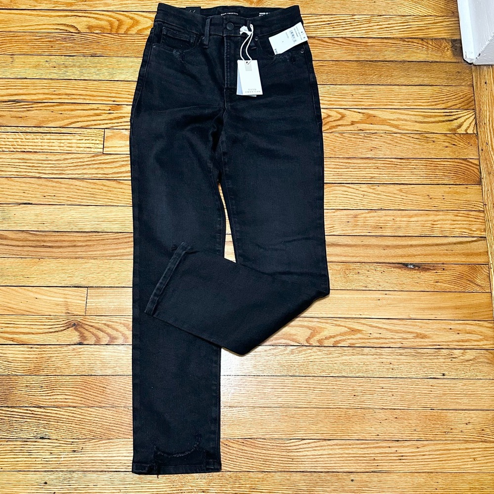 Good American Good Classic Slim Straight Jeans Black High Rise 2/26 New